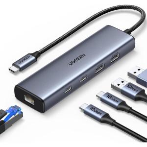 imageUGREEN USB C to Ethernet Adapter 10Gbps Data Port 6in1 Hub Ethernet with 2USBC 32 USBA 3220 Gigabit RJ45 Power Port Only for Adapter Type C to Network Dongle for Laptop MacBook XPS