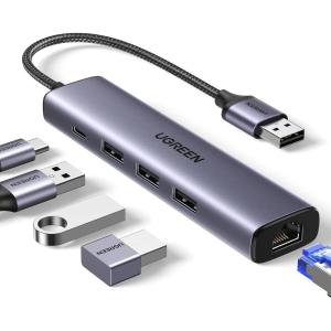 imageUGREEN USB to Ethernet Adapter 5 in 1 USB Hub with Ethernet Plug and Play Multiport Network Adapter with 3 USB 30 Port Gigabit RJ45 USBC Power Port Compatible for Laptop MacBook XPS Windows 11