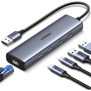 imageUGREEN USB to Ethernet Adapter 5 in 1 USB Hub with Ethernet with 2 USBC 32 10Gbps  1USBA 321USBA 20Gigabit RJ45 Network LAN Internet Dongle Compatible for Laptop MacBook ProAir XPS
