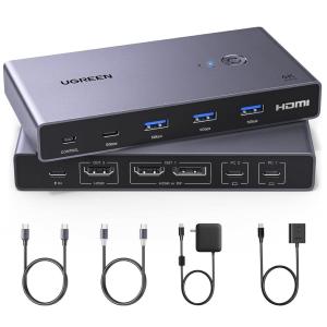 imageUGREEN USBC KVM Switch 2 Monitors 2 Laptops with 4 USB 30 Ports 4K60Hz for 2 Laptops Share Dual Monitors Keyboard Mouse Hard Drive Printer with PD100W Power Adapter 2 USB Cables Controller