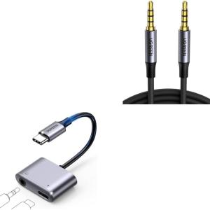 imageUGREEN 35mm Audio Cable Braided 4Pole HiFi Stereo TRRS Jack Shielded Male to Male AUX Cord Bundle USB C to 35mm Headphone and Charger Adapter 2 in 1 TypeC to Aux Audio Jack with PD 60W