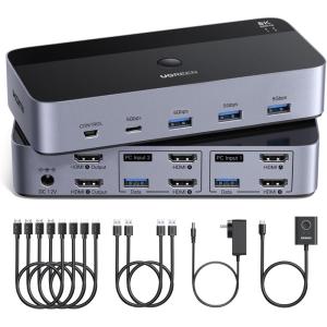 imageUGREEN 8K60Hz HDMI KVM Switch 2 Monitors 2 Computers with 4 USB 30 Ports for 2 Computers Sharing Dual Monitors Keyboard Mouse Printer with 4 HDMI Cables 2 USB Cables Power Adapter and Controller