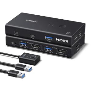 imageUGREEN HDMI KVM Switch 1 Monitor 2 Computers 4K60Hz with 4 USB 30 Ports KVM Switches for 2 Computers Share One HDMI Monitor Keyboard Mouse Hard Drives Webcam with 2 USB Cables Controller