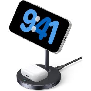imageUGREEN Qi2 15W 2in1 Wireless Charging Stand Fast Wireless Charger for iPhone 17 16 15 14 13 12 Series and AirPods Dual Device Charging MagSafe Charger Desk Charging Station for Home Office