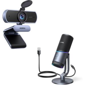 imageUGREEN 2K Webcam Webcam for PC Ultra HD 1080P Computer Camera with Microphone Bundle with Microphone for PC USB Mic with RGB Lights Mute Button 24bit96kHz Cardioid Polar Pattern
