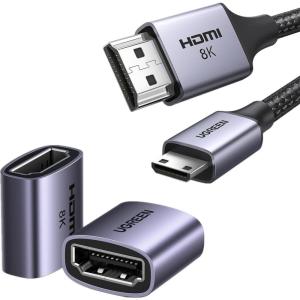 imageUGREEN 8K Mini HDMI to HDMI Cable 66FT Aluminum Braided 8K60Hz 4K120Hz High Speed HDMI 21 Bundle with HDMI Coupler 2 Pack 8K60Hz HDMI Female to Female Adapter HDMI 21 Connector 3D 4K240Hz