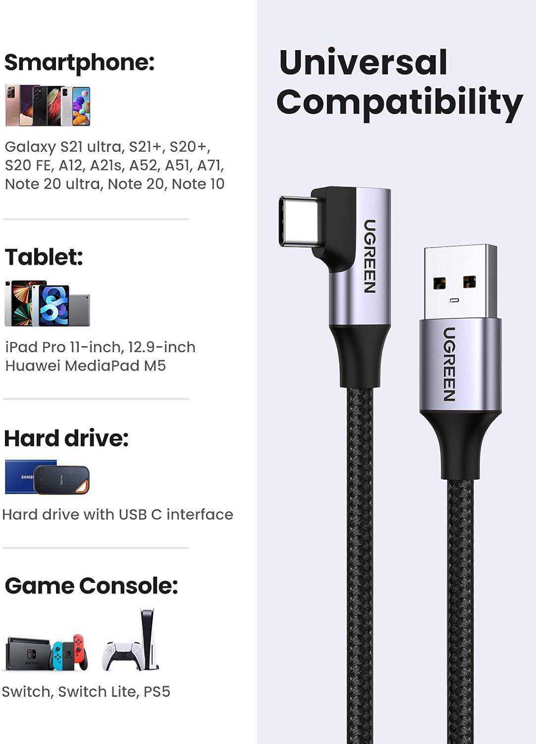 imageUGREEN USB to USB C Cable 30 Fast Charging 5Gbps USB A to USB C Cable Right Angle Nylon Braided Type C Cord Compatible with iPhone 1515 Plus15 Pro Galaxy S24S23S10S10 Pixel 87 33FT