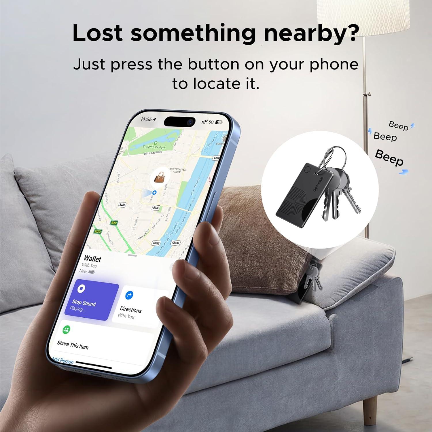 imageUGREEN FineTrack Slim Wallet Tracker Card iOS Only Bluetooth Air Tracker Tags Compatible with Apple Find My Smart Tags for WalletLuggage 7 Years Staying Power Apple MFi Certified