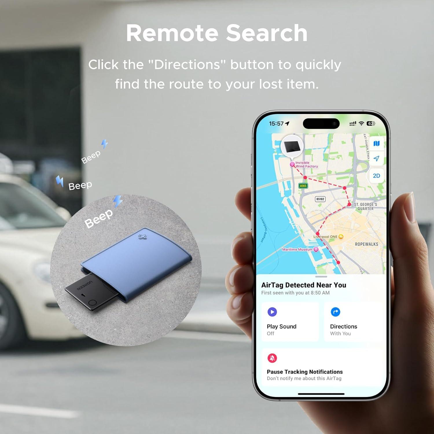 imageUGREEN FineTrack Slim Wallet Tracker Card iOS Only Rechargeable Air Tracker Tags Compatible with Apple Find My Smart Tags for WalletLuggage and More