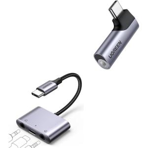 imageUGREEN USB C to 35mm Audio Adapter Type C Aux Headphone Jack DAC Stereo Mic HiFi Right Angle Dongle Bundle with USB C to 35mm Audio Adapter 3 in 1 Charger and Headphone Splitter
