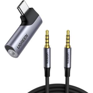imageUGREEN USB Type C to Headphone Adapter Right Angle USB C to 35mm Audio Adapter Bundle with 35mm Audio Cable Braided 4Pole