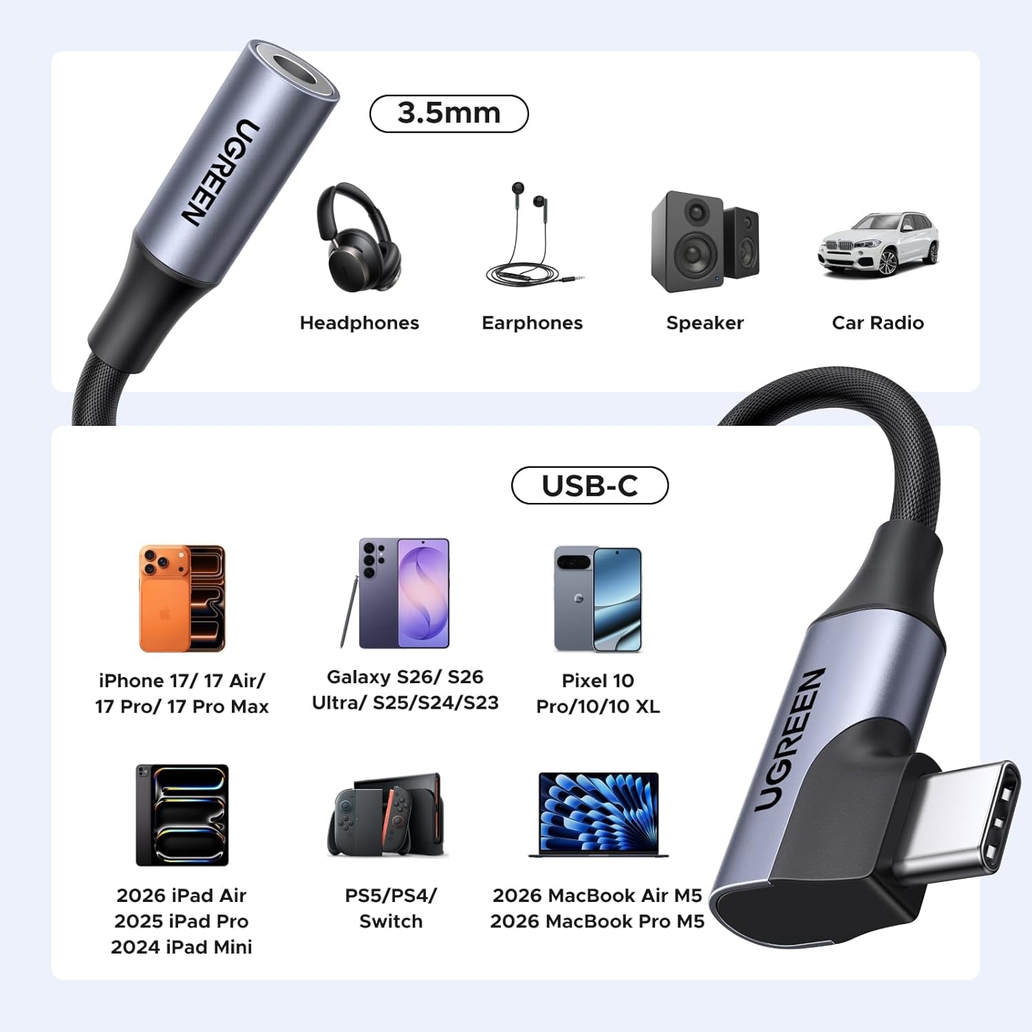 image:imageUGREEN USB C to 35mm Audio Adapter Type C to Aux Headphone Jack Dongle 24bit96kHz HiFi DAC Cable Right Angle Cord Compatible with iPhone 17 16 Pro Max16 Plus iPad Galaxy S25 S26 Ultra Pixel 10