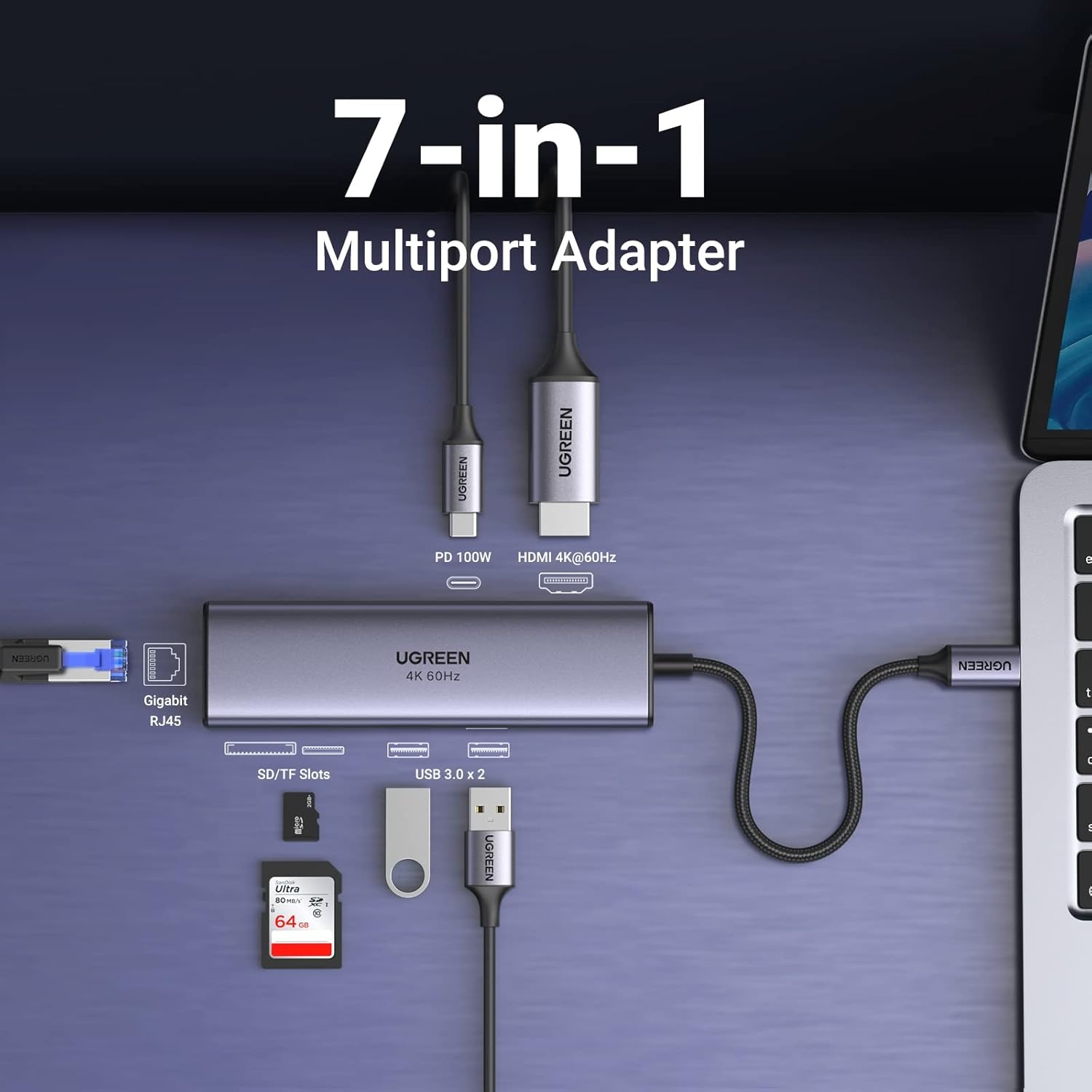 image:imageUGREEN 7in1 USB C Hub Bundle with 33FT 100W USB C to USB C Cable Fast Charging Type C Cord USB C Charger Cable Compatible with iPhone 1515 Pro15 Pro Max Galaxy S24S23