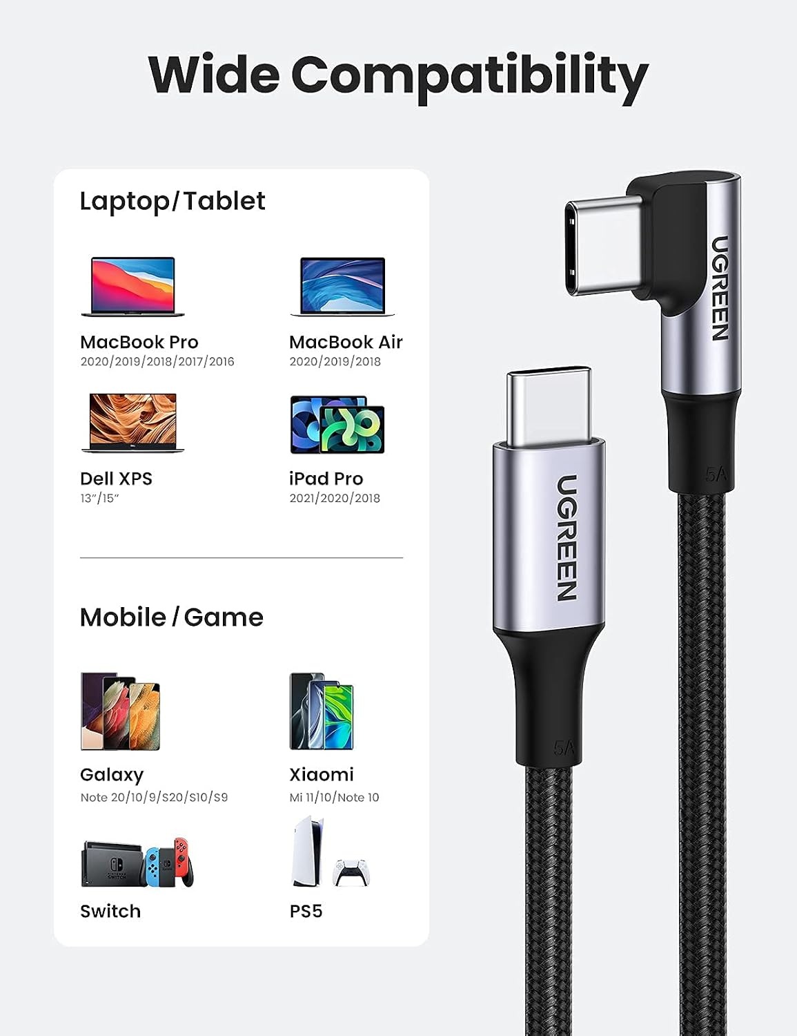 image:imageUGREEN Bundle 100W 2 Pack 6FT 10FT USB C to USB C Cable Right Angle Type C Fast Charger Cable Nylon Braided Charging Cord Compatible for MacBook Pro Air iPad Pro 2021 Dell Pixel Galaxy S21 Note 20