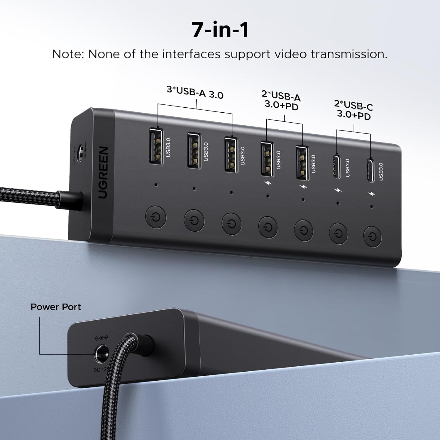 image:imageUGREEN 7in1 Powered USB 30 Hub 7 Ports 5xUSBA and 2xUSBC 10Gbps  24W DC Power Input 33 ft Cable USB Multiport Adapter for Laptop Desktop PC iMac Surface and More
