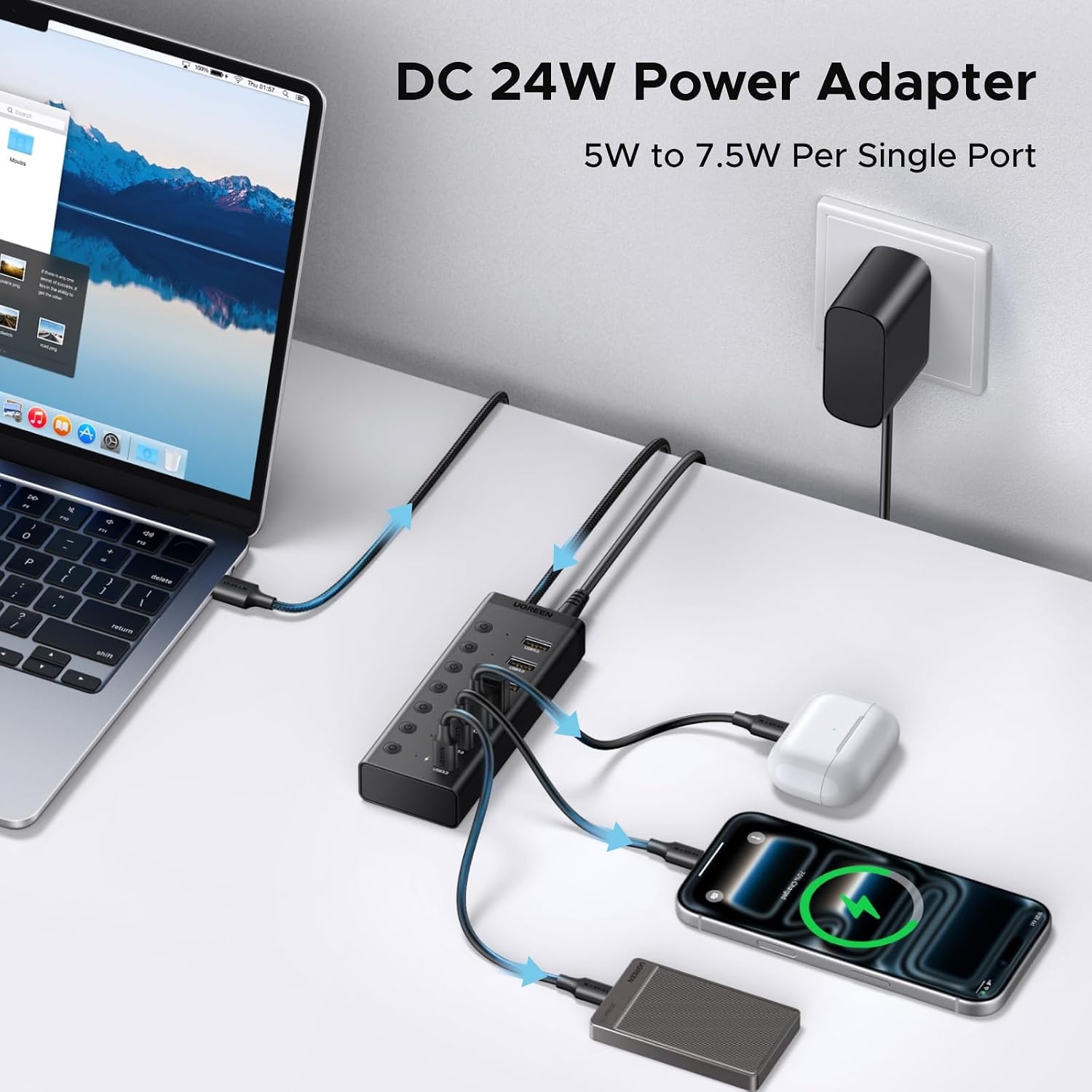 image:imageUGREEN 7in1 Powered USB 30 Hub 7 Ports 5xUSBA and 2xUSBC 10Gbps  24W DC Power Input 33 ft Cable USB Multiport Adapter for Laptop Desktop PC iMac Surface and More