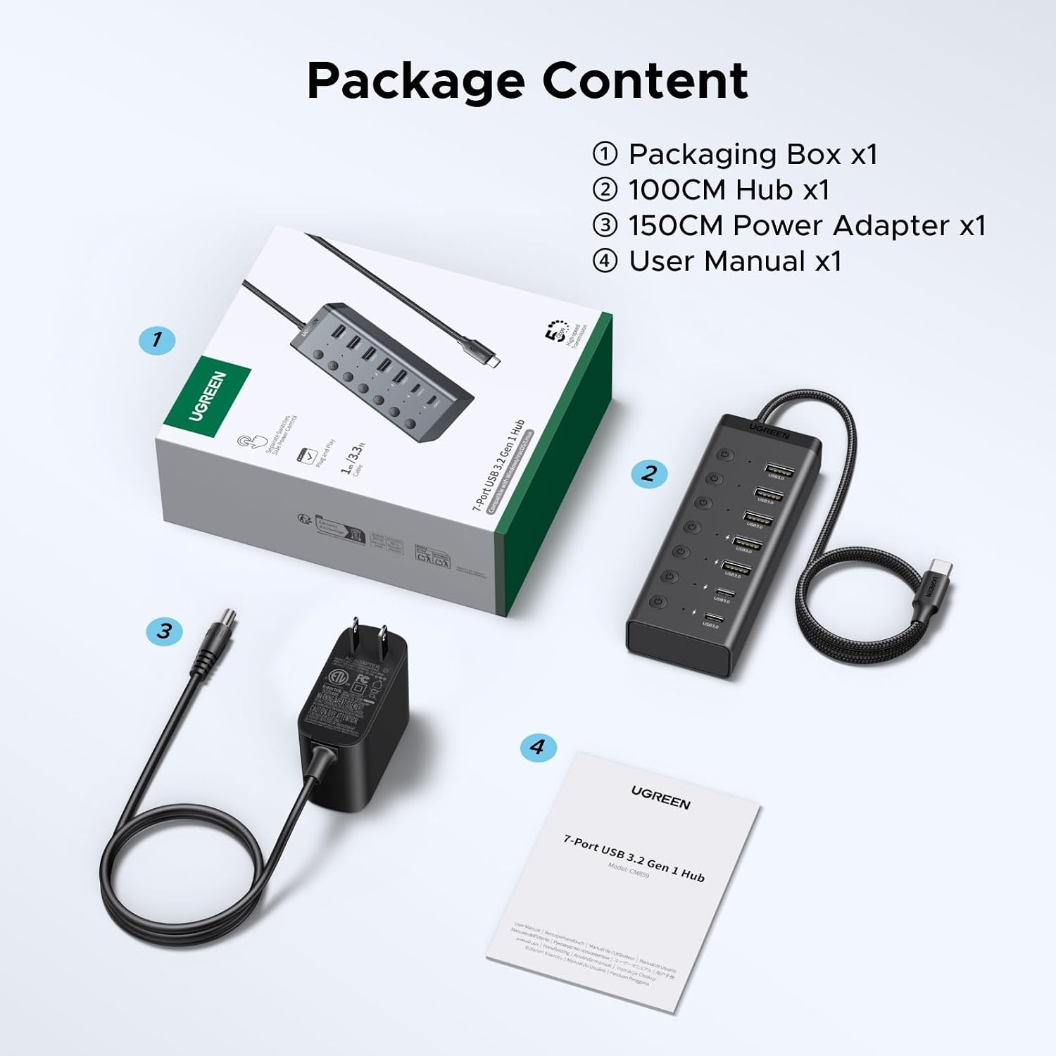 image:imageUGREEN 7in1 Powered USB C 30 Hub 7 Ports 5xUSBA and 2xUSBC 10Gbps  24W DC Power Input 33 ft Cable USBC Multiport Adapter for Laptop Desktop PC iMac Surface and More